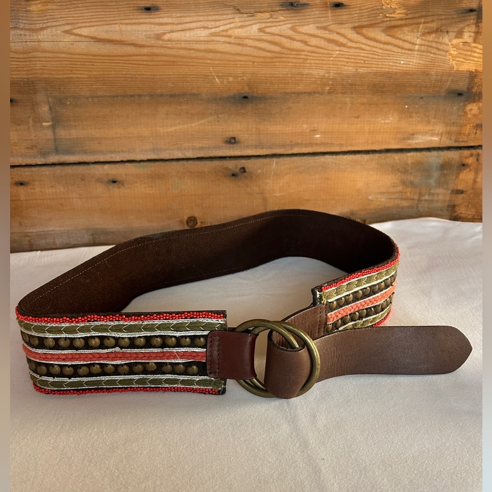 Lucky Brand Beaded Leather Belt Boho Western Double Ring Buckle Brown Size XL